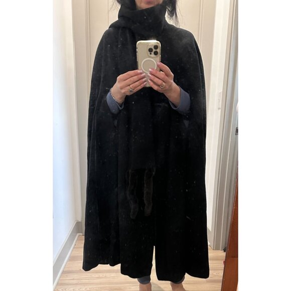TRILOGI Vtg Coat Cape Wool with Fur Mink Trim Tail Scarf Black One Size Missy - Picture 2 of 7